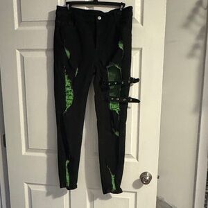 SHEIN Black High Rise Jeans with Neon Green Rips & Buckle Straps